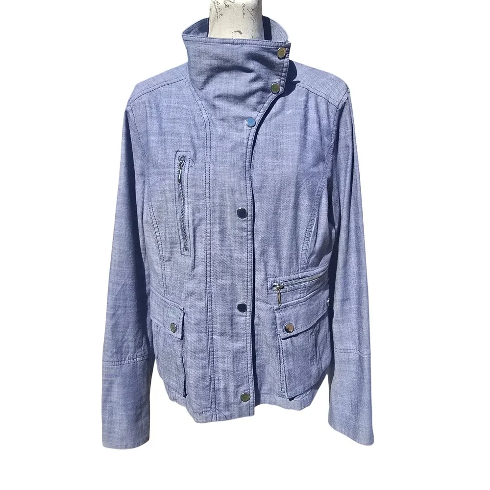 White House Black Market‎ -961 WHBM Chambray Moto Jacket Womens 14